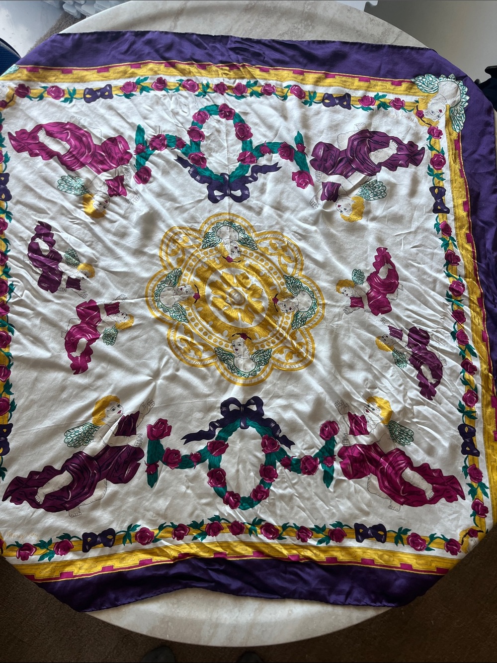 Vintage Silk Scarf with Purple, Gold & Fuchsia Cherub Print